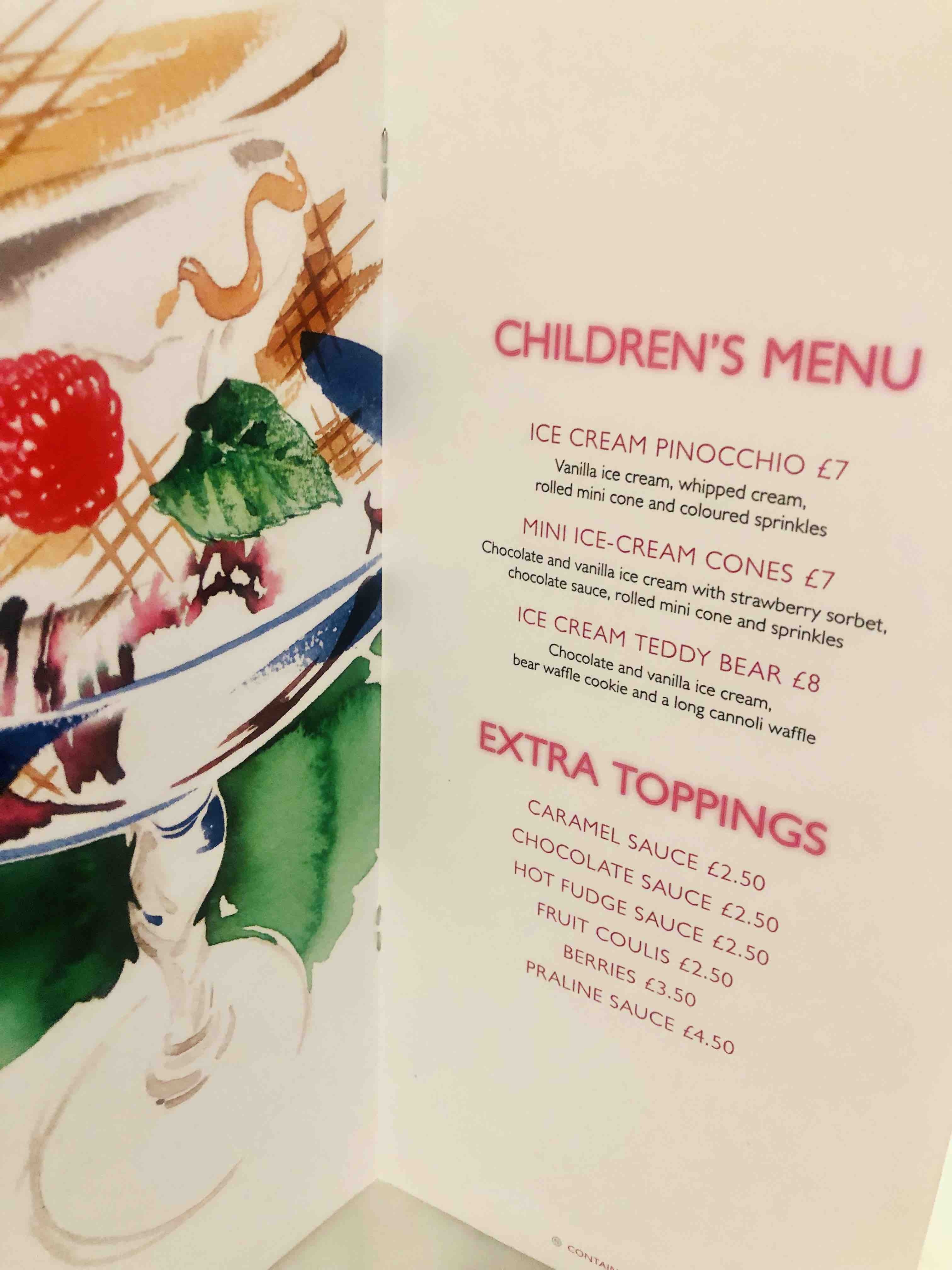 JAM London Harrods Ice Cream Parlor Chilrens Menu